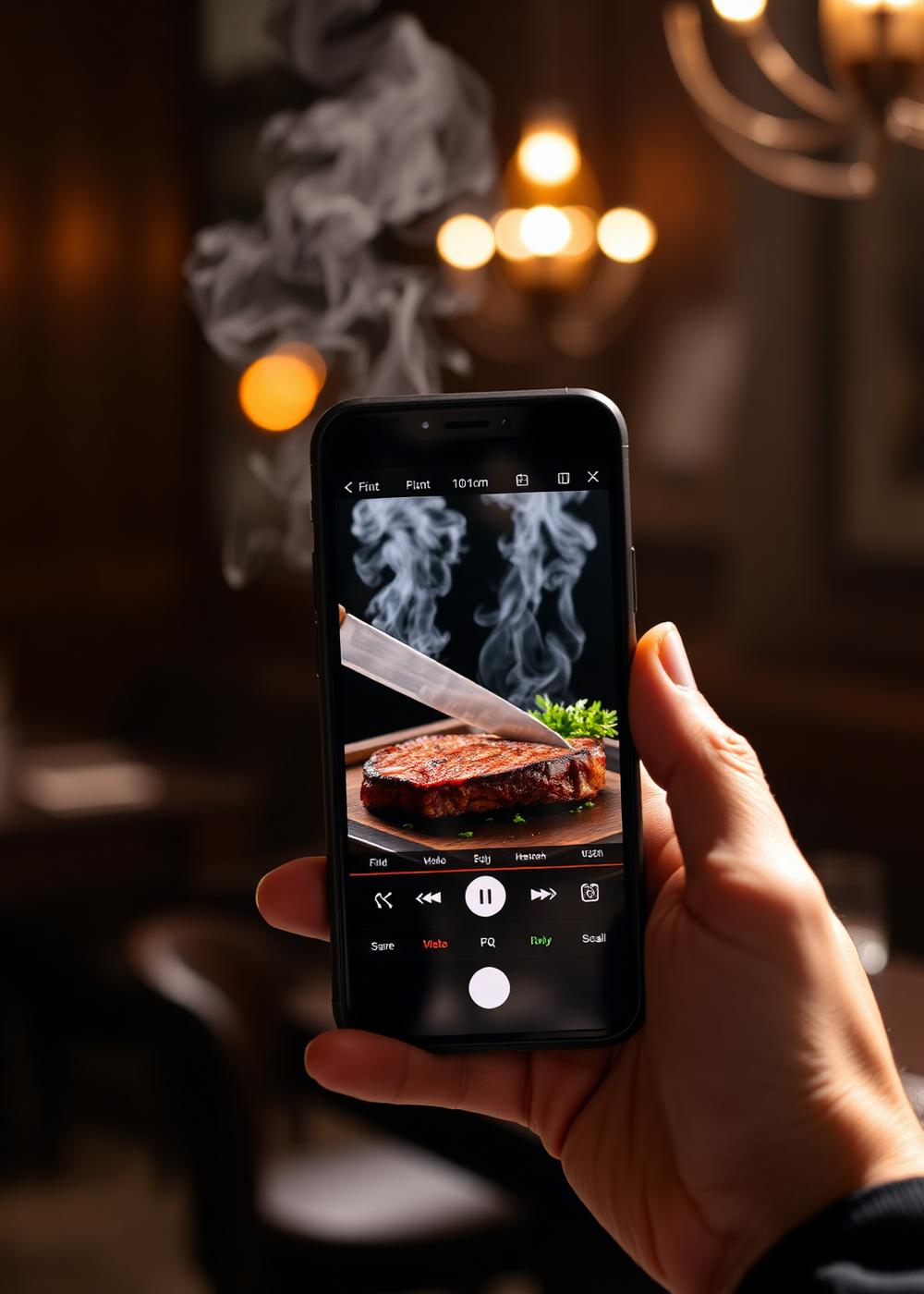 Celular reproduzindo vídeo curto de prato gourmet