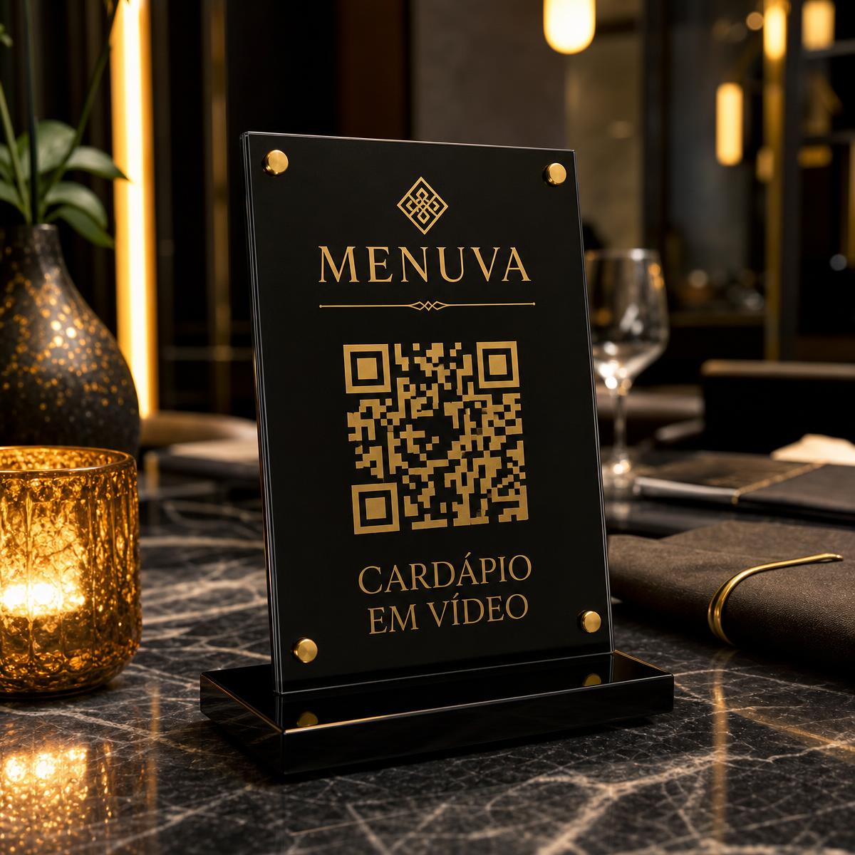 QR Code elegante em mesa de restaurante premium